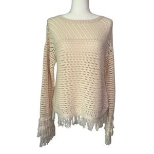 RAMY BROOK Mikay Sweater Medium Cream Pima Cotton Open Knit Fringe Boho